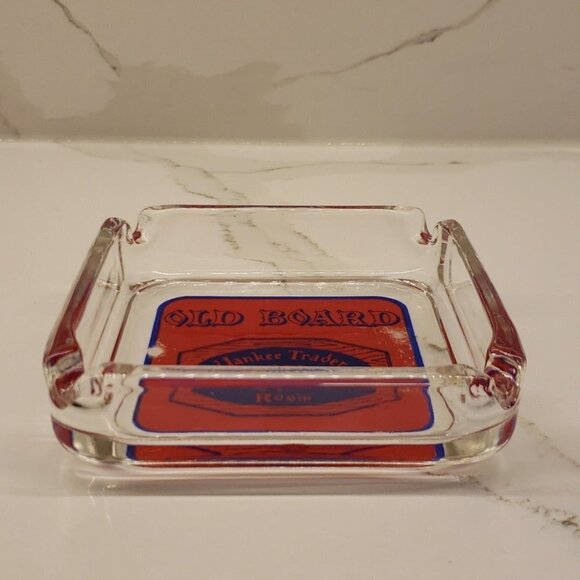 VINTAGE Old Board Yankee Trader Room Glass Ashtray Red Blue logo 3.5"w x 3. - Picture 2 of 5